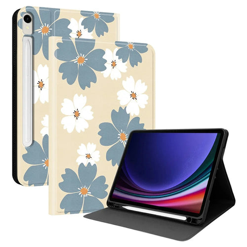 PU Leather Case For Samsung Galaxy Tab S10 Lite / S10 FE / S9 FE / S9 Pattern Print Tablet Cover Stand with Pen Slot (Stylus Not Included) - Blue Daisies - 1