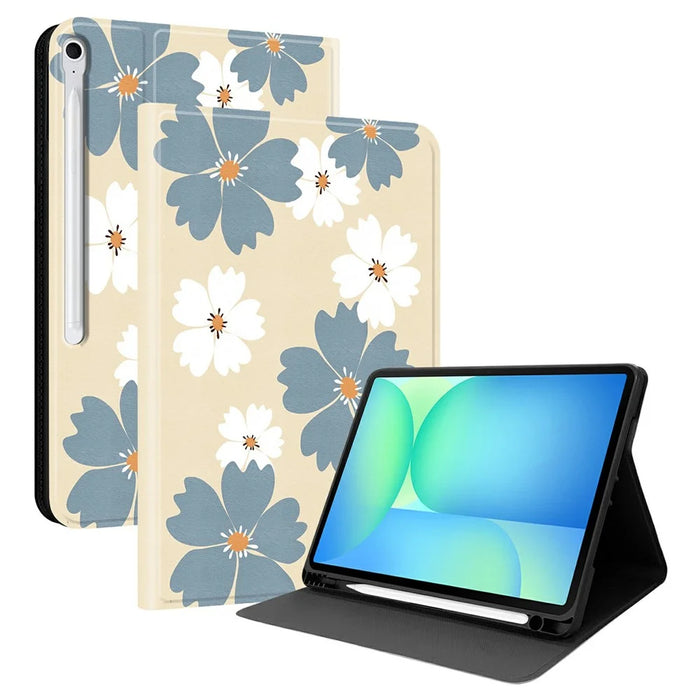 For Samsung Galaxy Tab S10 FE+ PU Leather Case Pattern Print Tablet Cover Stand with Pen Slot (Stylus Not Included)  - Blue Daisies - 1