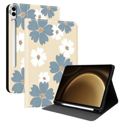PU Leather Case For Samsung Galaxy Tab S10+  /  Tab S9 FE+ Pattern Print Tablet Cover Stand with Pen Slot (Stylus Not Included) - Blue Daisies - 1