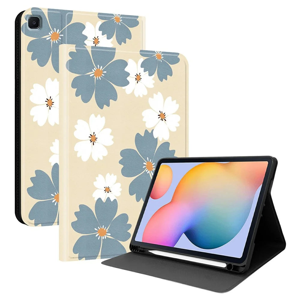 PU Leather Case For Samsung Galaxy Tab S6 Lite (2024)  /  Tab S6 Lite (2022) Pattern Print Tablet Cover Stand with Pen Slot (Stylus Not Included)   - Blue Daisies - 1