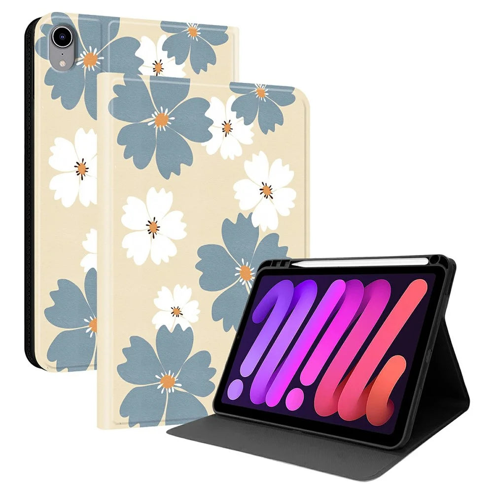For iPad mini (2024) PU Leather Case Pattern Print Tablet Cover Stand with Pen Slot (Stylus Not Included) - Blue Daisies - 1