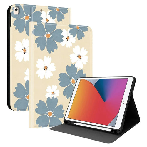 PU Leather Case For iPad 10.2 (2021)  /  (2019)  /  (2020) Pattern Print Tablet Cover Stand with Pen Slot (Stylus Not Included) - Blue Daisies - 1