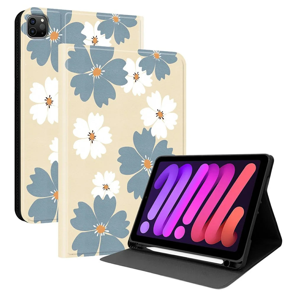 PU Leather Case For iPad Air 11 (2026) / (2025) / (2024) / Air (2022) / (2020) / Pro 11 (2022) / (2021) / (2020) / (2018)  Pattern Print Tablet Cover Stand with Pen Slot (Stylus Not Included)  - Blue Daisies - 1