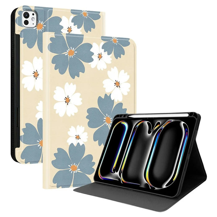 For iPad Pro 11 (2024) PU Leather Case Pattern Print Tablet Cover Stand with Pen Slot (Stylus Not Included) - Blue Daisies - 1