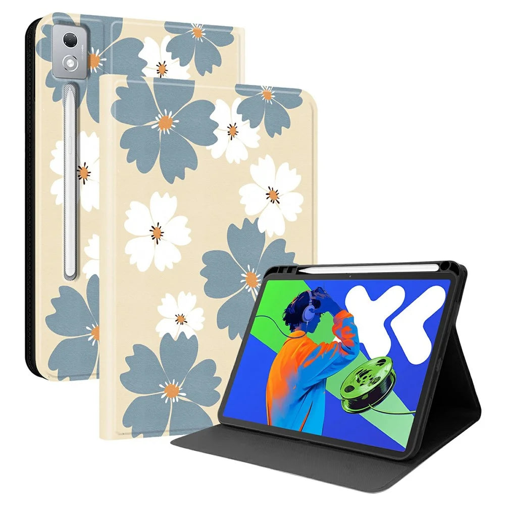 For Lenovo Tab P12 Pro 12.7 2025 PU Leather Case Pattern Print Tablet Cover Stand with Pen Slot (Stylus Not Included)  - Blue Daisies - 1