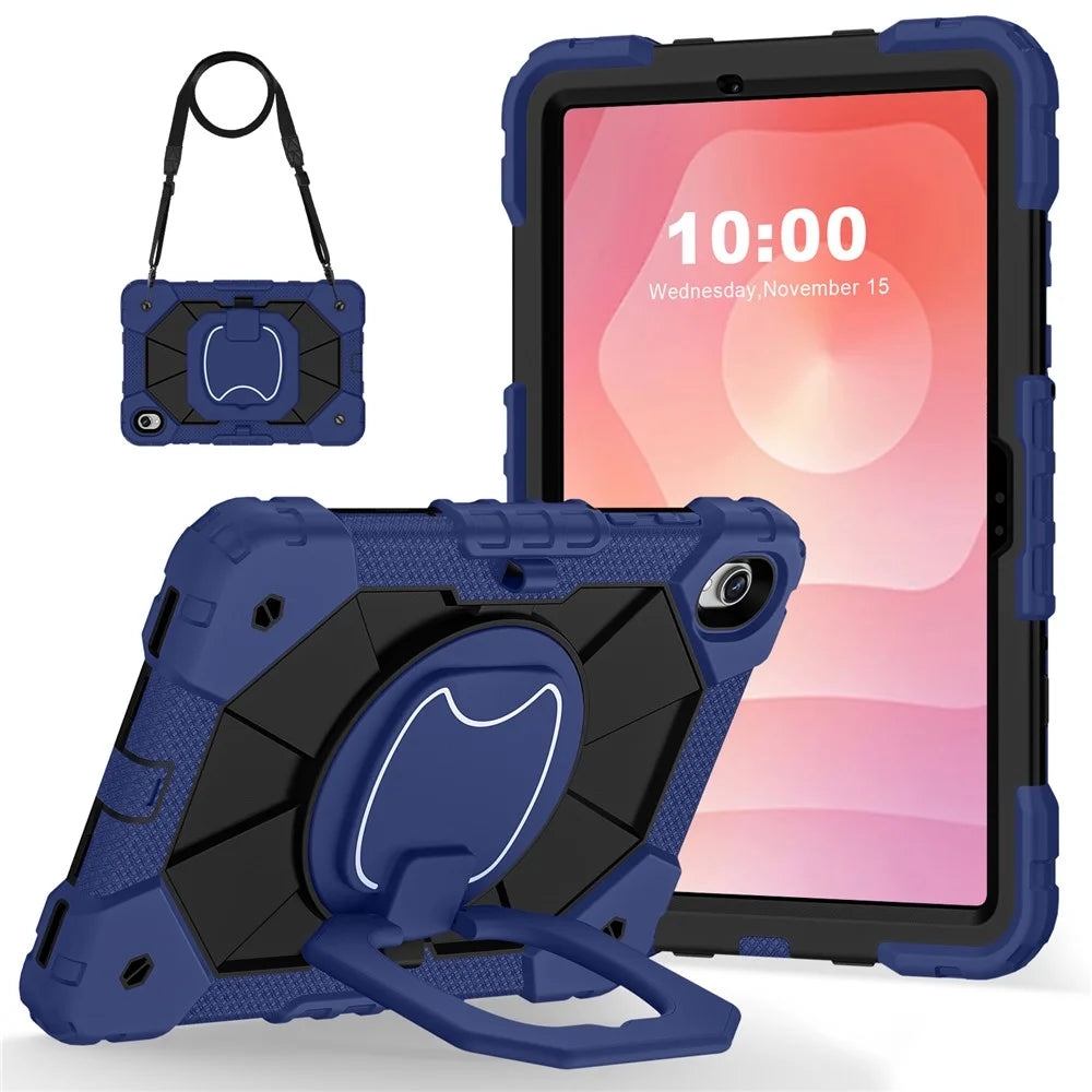 Tablet Case For Samsung Galaxy Tab S11 Silicone + PC Hand Grip Kickstand Cover with Shoulder Strap - Navy Blue / Black - 1