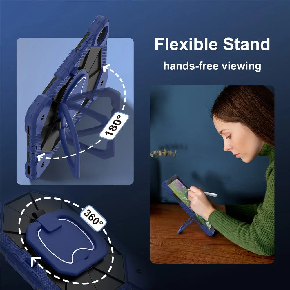Tablet Case For Samsung Galaxy Tab S11 Silicone + PC Hand Grip Kickstand Cover with Shoulder Strap - Navy Blue / Black - 3
