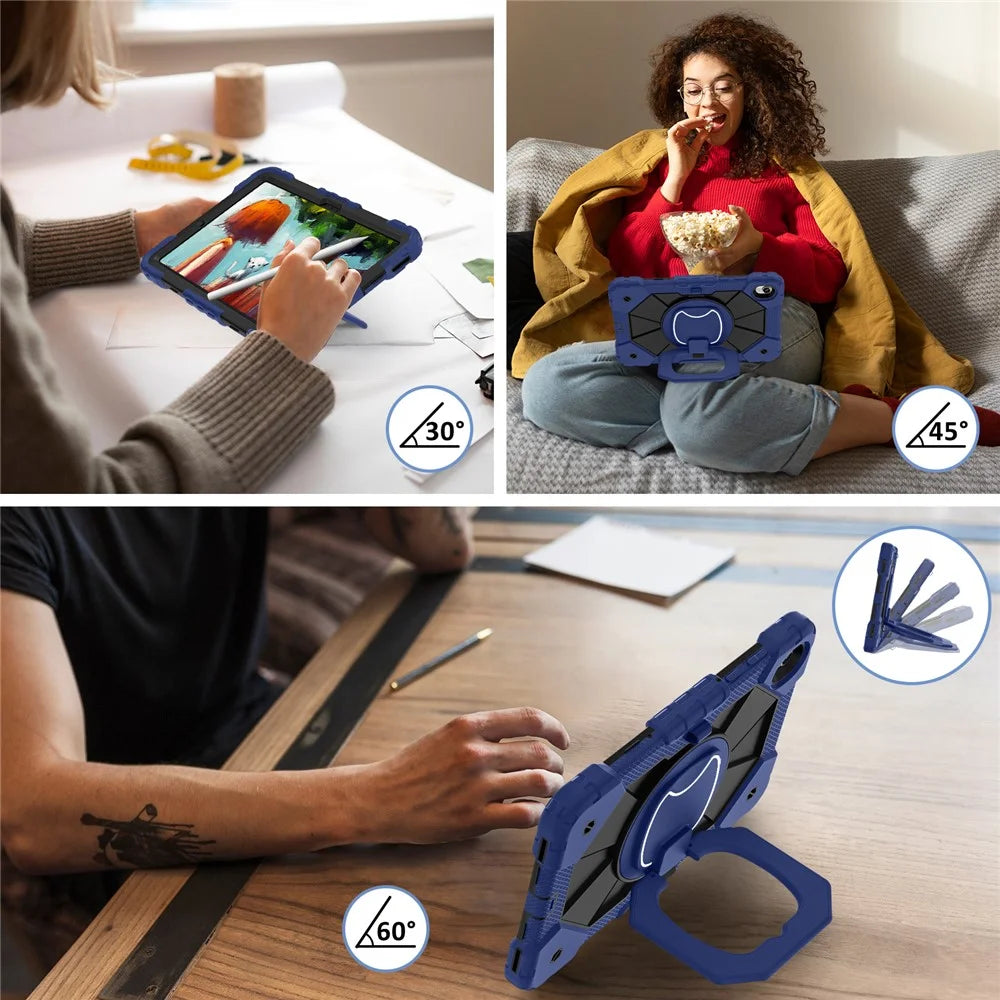 Tablet Case For Samsung Galaxy Tab S11 Silicone + PC Hand Grip Kickstand Cover with Shoulder Strap - Navy Blue / Black - 4