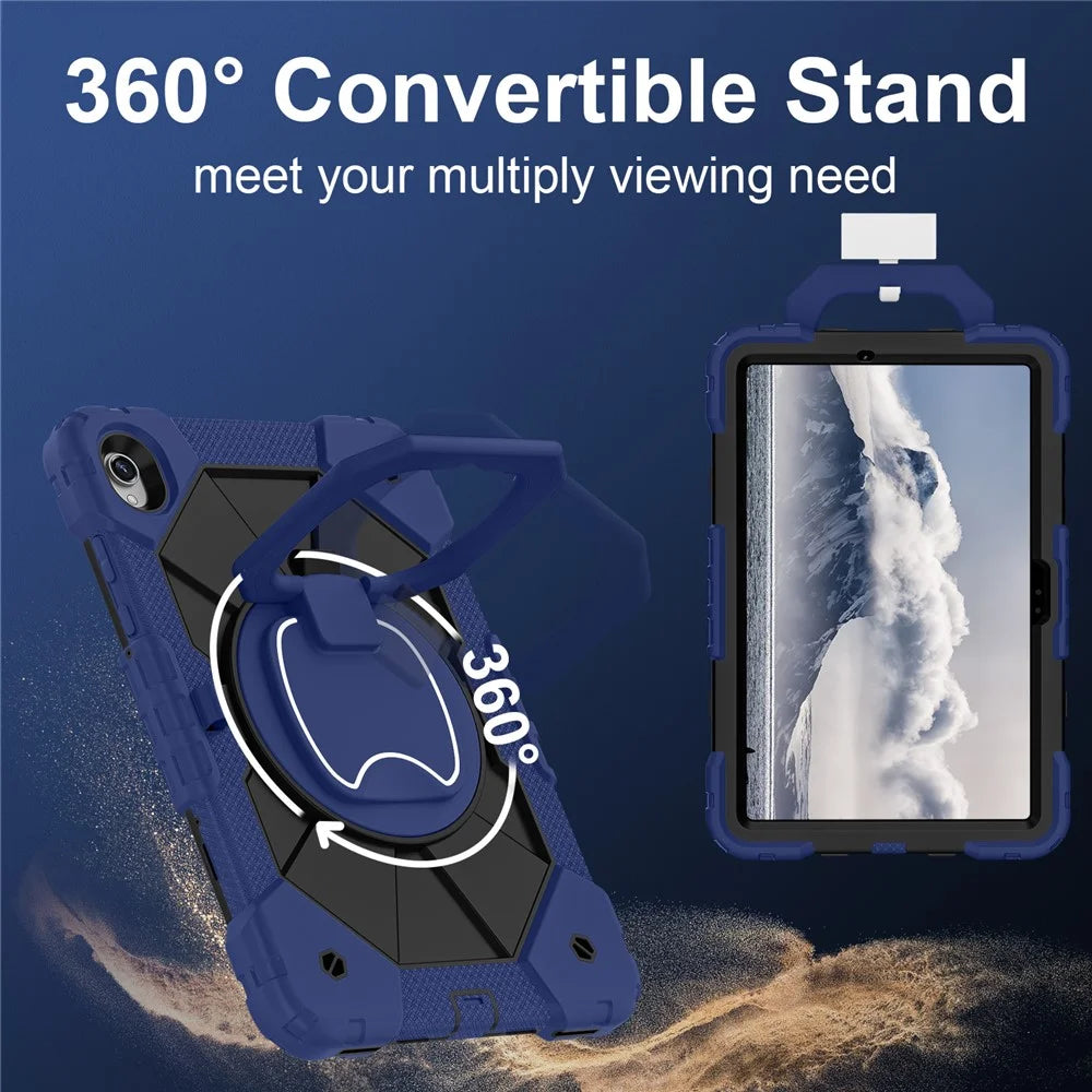 Tablet Case For Samsung Galaxy Tab S11 Silicone + PC Hand Grip Kickstand Cover with Shoulder Strap - Navy Blue / Black - 6