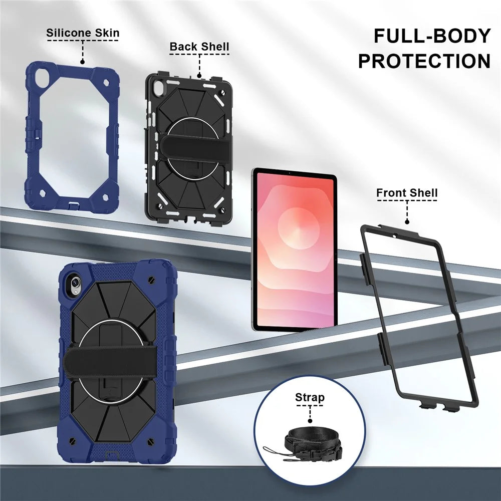Tablet Case For Samsung Galaxy Tab S11 Silicone + PC Kickstand Cover with Handy Strap - Navy Blue / Black - 2