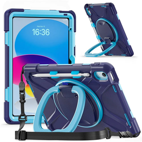For iPad (2025)  /  10.9 (2022) Case with Shoulder Strap TPU + PC + Silicone Kickstand Tablet Cover - Navy Blue - 1