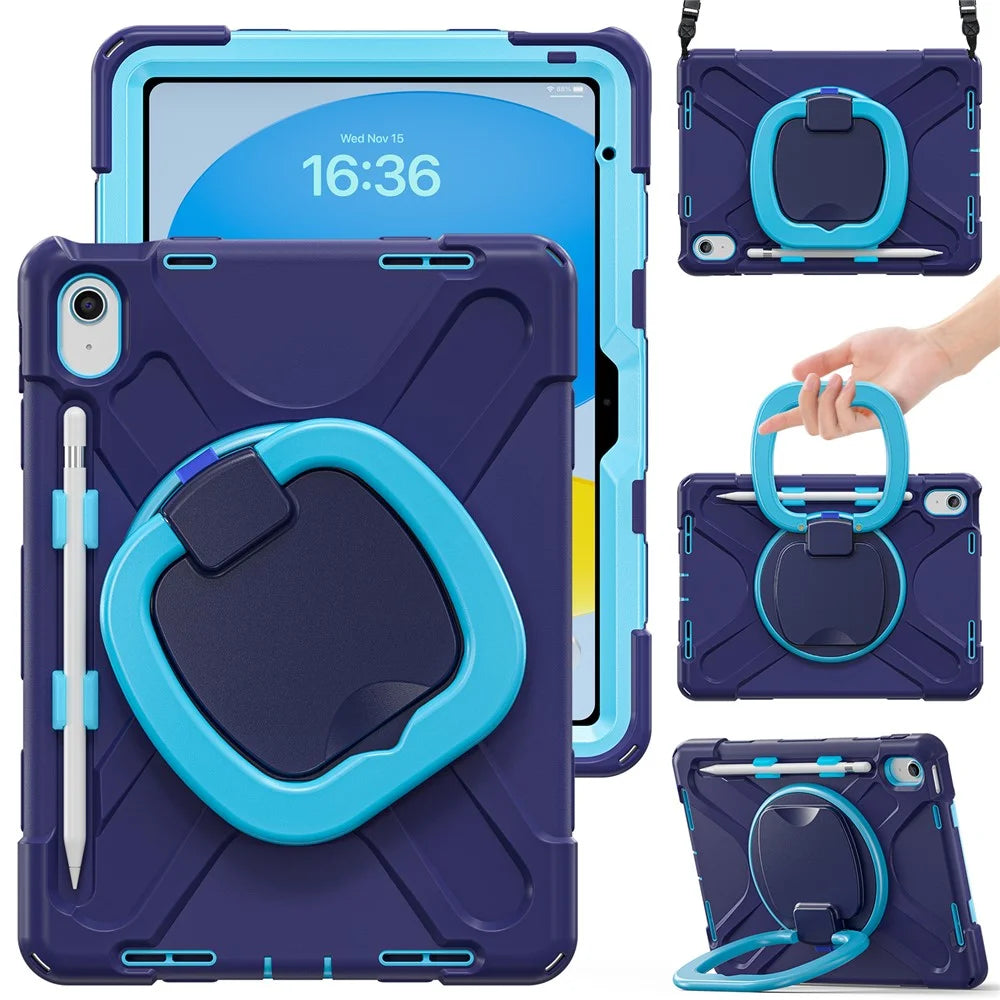 For iPad (2025)  /  10.9 (2022) Case with Shoulder Strap TPU + PC + Silicone Kickstand Tablet Cover - Navy Blue - 2