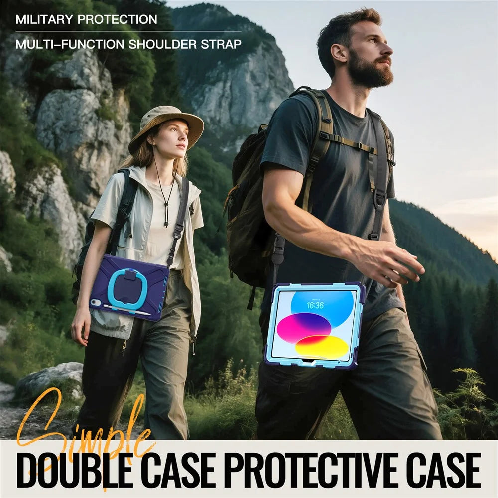 For iPad (2025)  /  10.9 (2022) Case with Shoulder Strap TPU + PC + Silicone Kickstand Tablet Cover - Navy Blue - 7