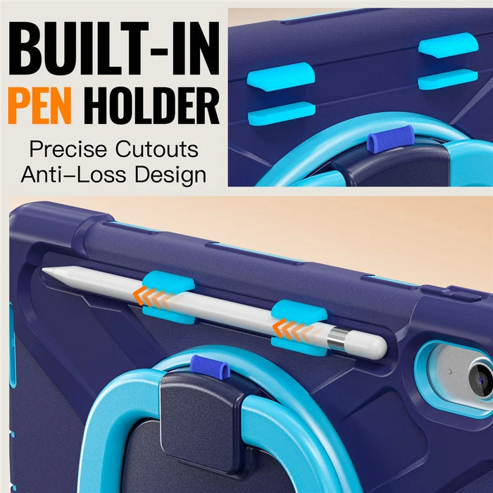 For iPad (2025)  /  10.9 (2022) Case TPU + PC + Silicone Tablet Cover Swivel Kickstand Handle Grip - Navy Blue - 3