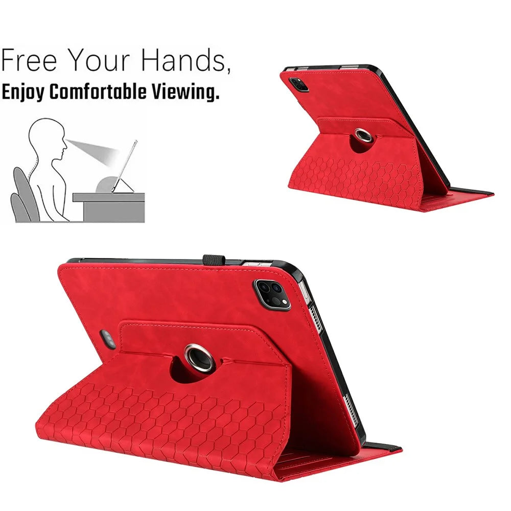 Leather Case For iPad Air (2022)  /  (2020)  /  Pro 11 (2020) Rotatable Honeycomb Imprinted Shockproof Tablet Cover with Stand  - Red - 6