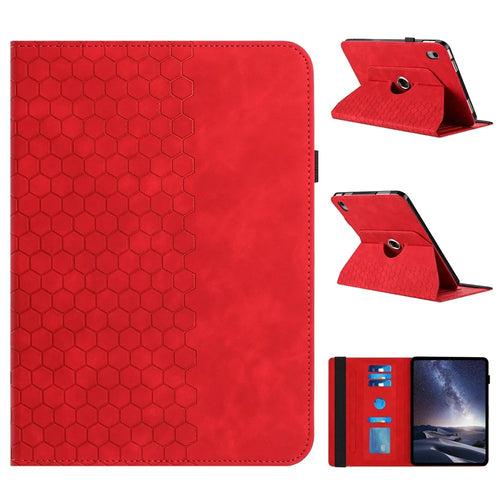 For iPad 10.9 (2022) Leather Case Rotatable Honeycomb Imprinted Shockproof Tablet Cover with Stand - Red - 1