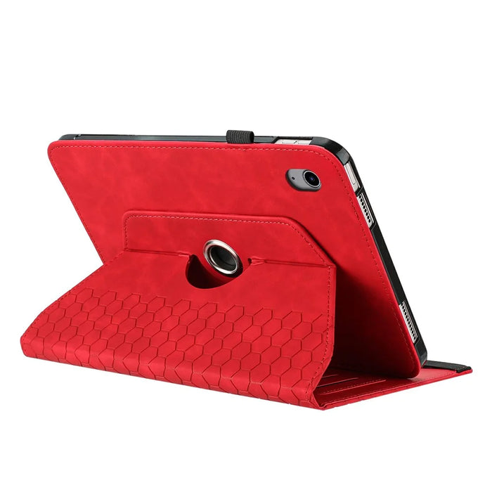 For iPad 10.9 (2022) Leather Case Rotatable Honeycomb Imprinted Shockproof Tablet Cover with Stand - Red - 2
