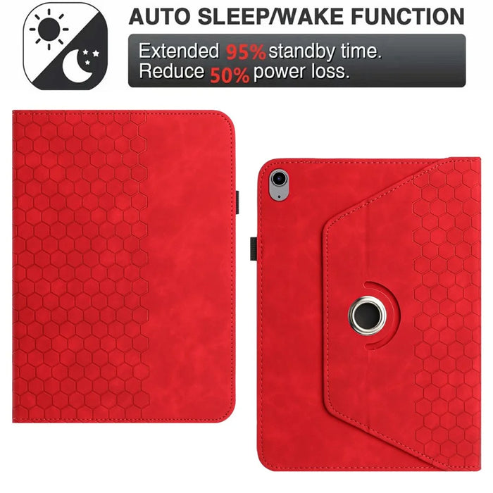For iPad 10.9 (2022) Leather Case Rotatable Honeycomb Imprinted Shockproof Tablet Cover with Stand - Red - 7