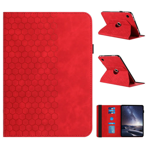 For Samsung Galaxy Tab A9+ Leather Case Rotatable Honeycomb Imprinted Shockproof Tablet Cover with Stand  - Red - 1