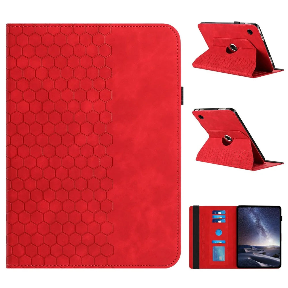 For Samsung Galaxy Tab A9+ Leather Case Rotatable Honeycomb Imprinted Shockproof Tablet Cover with Stand  - Red - 1
