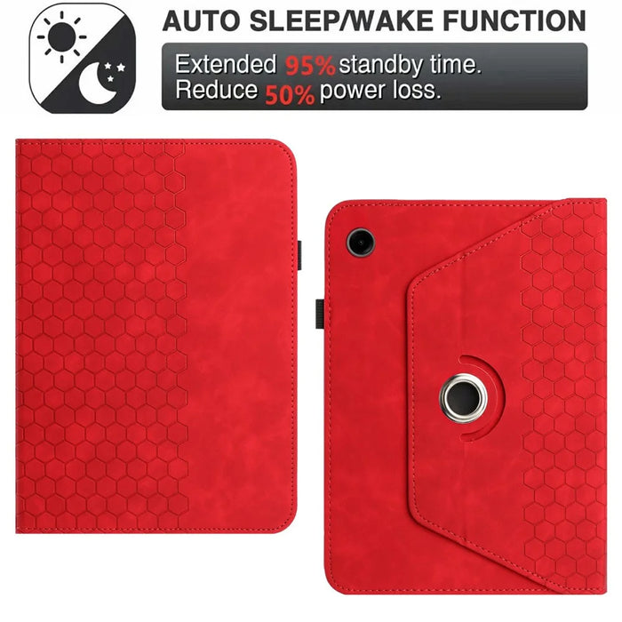 For Samsung Galaxy Tab A9+ Leather Case Rotatable Honeycomb Imprinted Shockproof Tablet Cover with Stand  - Red - 7