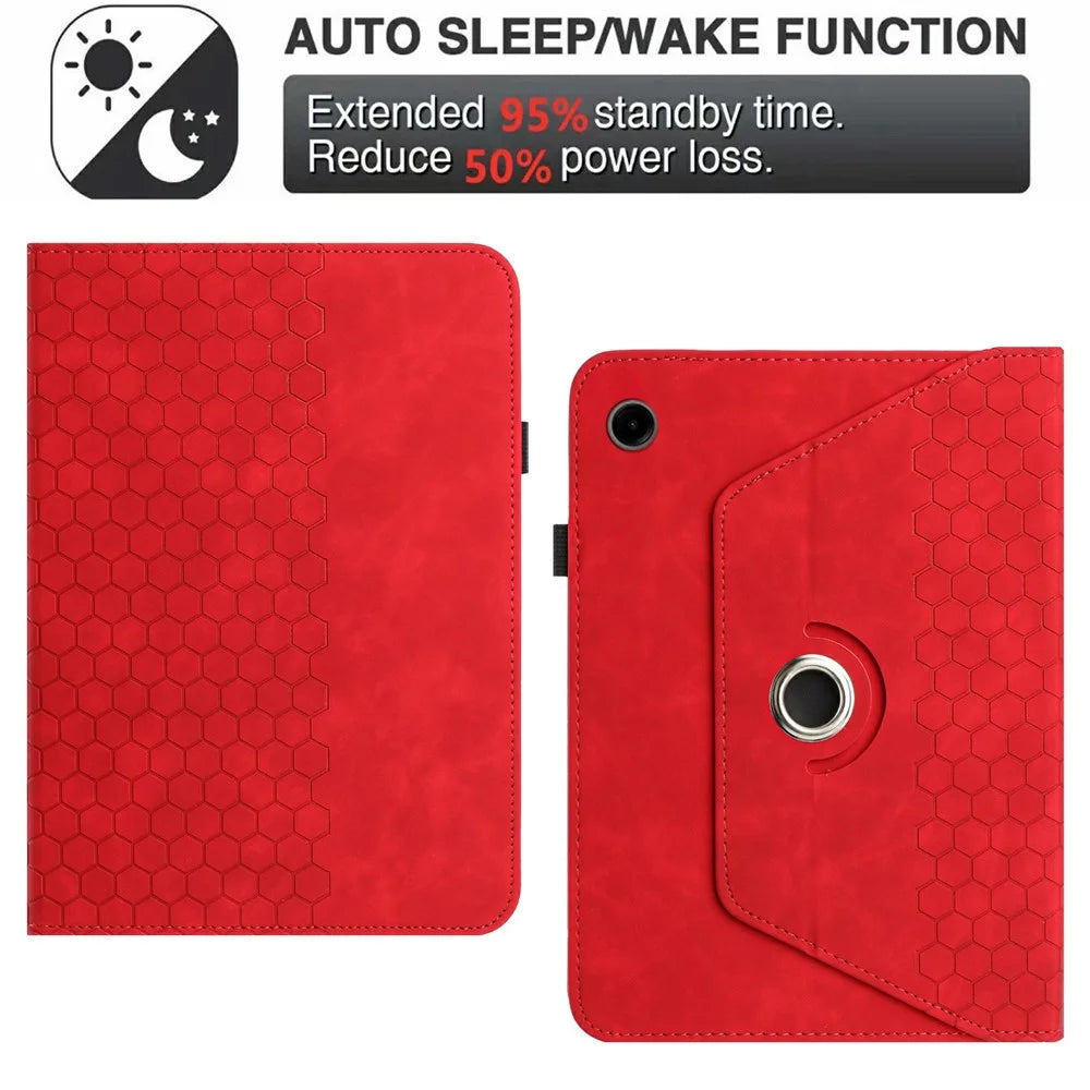 For Samsung Galaxy Tab A9 Leather Case Rotatable Honeycomb Imprinted Shockproof Tablet Cover with Stand  - Red - 7