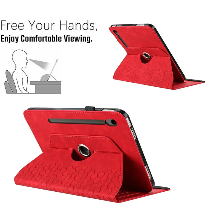 Leather Case For Samsung	Galaxy Tab S9 FE  /  S9 Rotatable Honeycomb Imprinted Shockproof Tablet Cover with Stand  - Red - 6