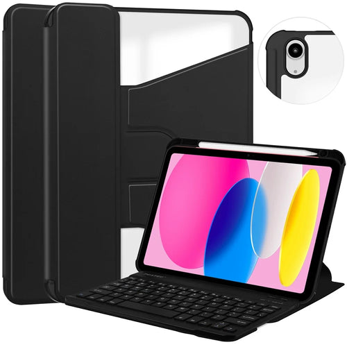 For iPad (2025)  /  10.9 (2022) Case 360-Degree Rotary Stand PU Leather + Acrylic Tablet Cover (With Keyboard) - Black - 1