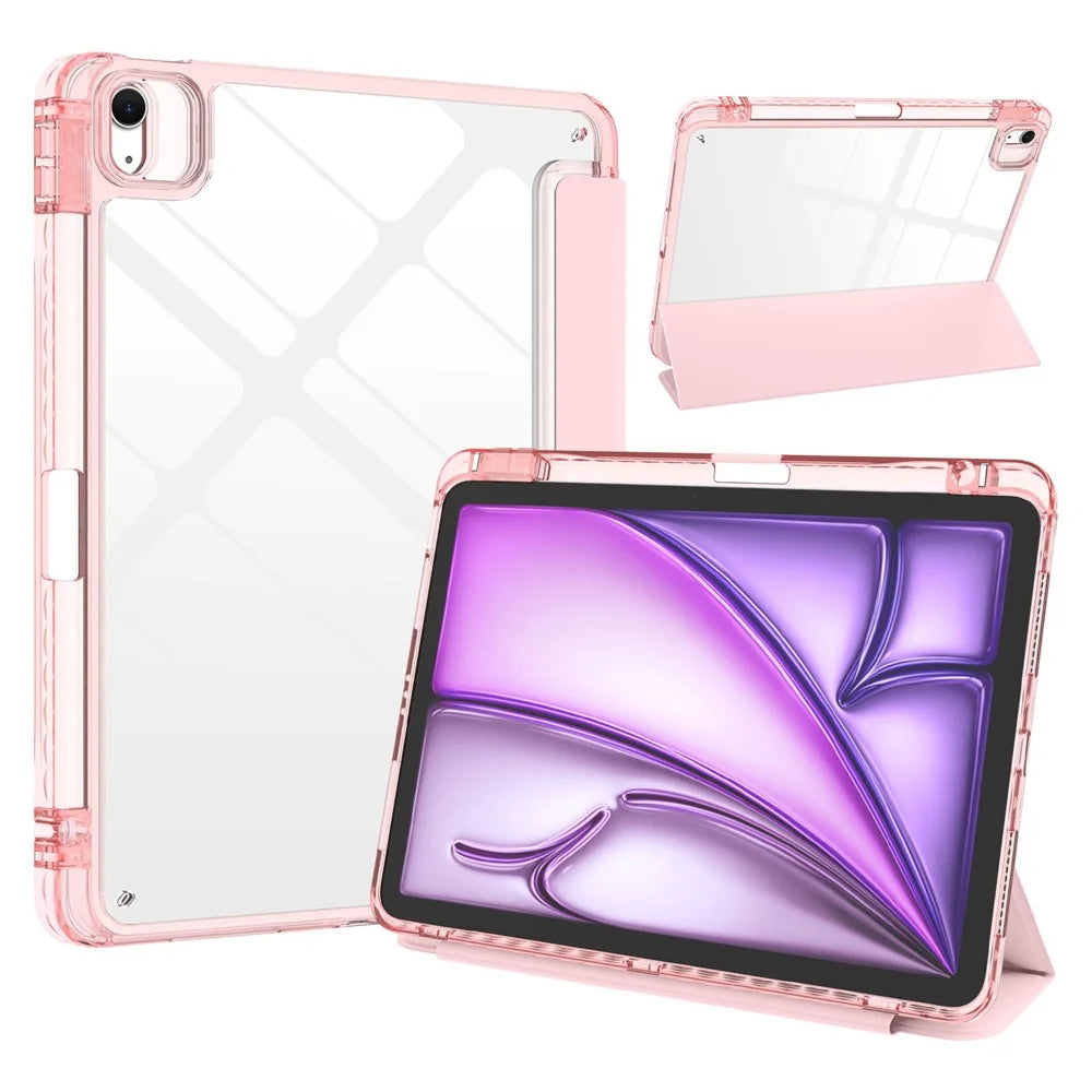 Tri-Fold Stand Case for iPad Air 11 (2026) / (2025) / (2024) / Air (2022) / (2020) / Pro 11 (2022) / (2021) / (2020) / (2018) PU + TPU + Clear Acrylic Back Tablet Cover Magnetic Closure - Light Pink - 2