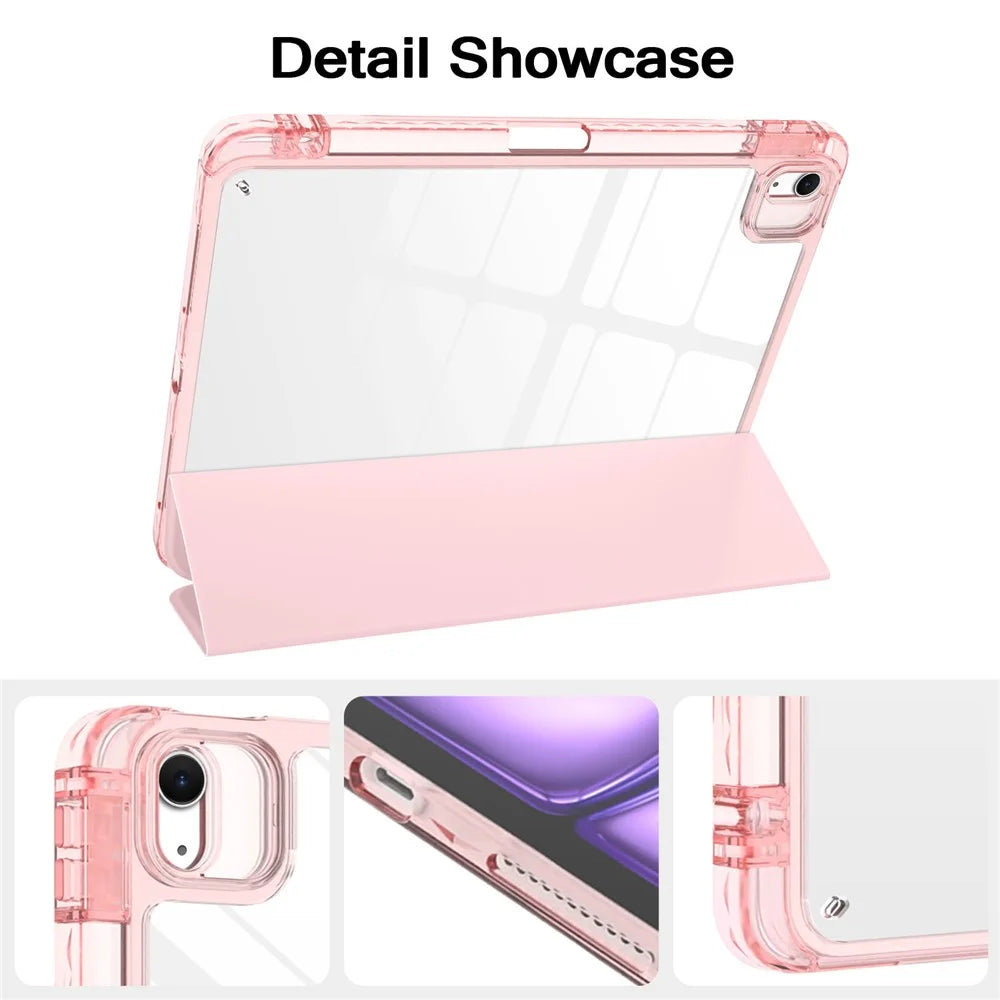 Tri-Fold Stand Case for iPad Air 11 (2026) / (2025) / (2024) / Air (2022) / (2020) / Pro 11 (2022) / (2021) / (2020) / (2018) PU + TPU + Clear Acrylic Back Tablet Cover Magnetic Closure - Light Pink - 4