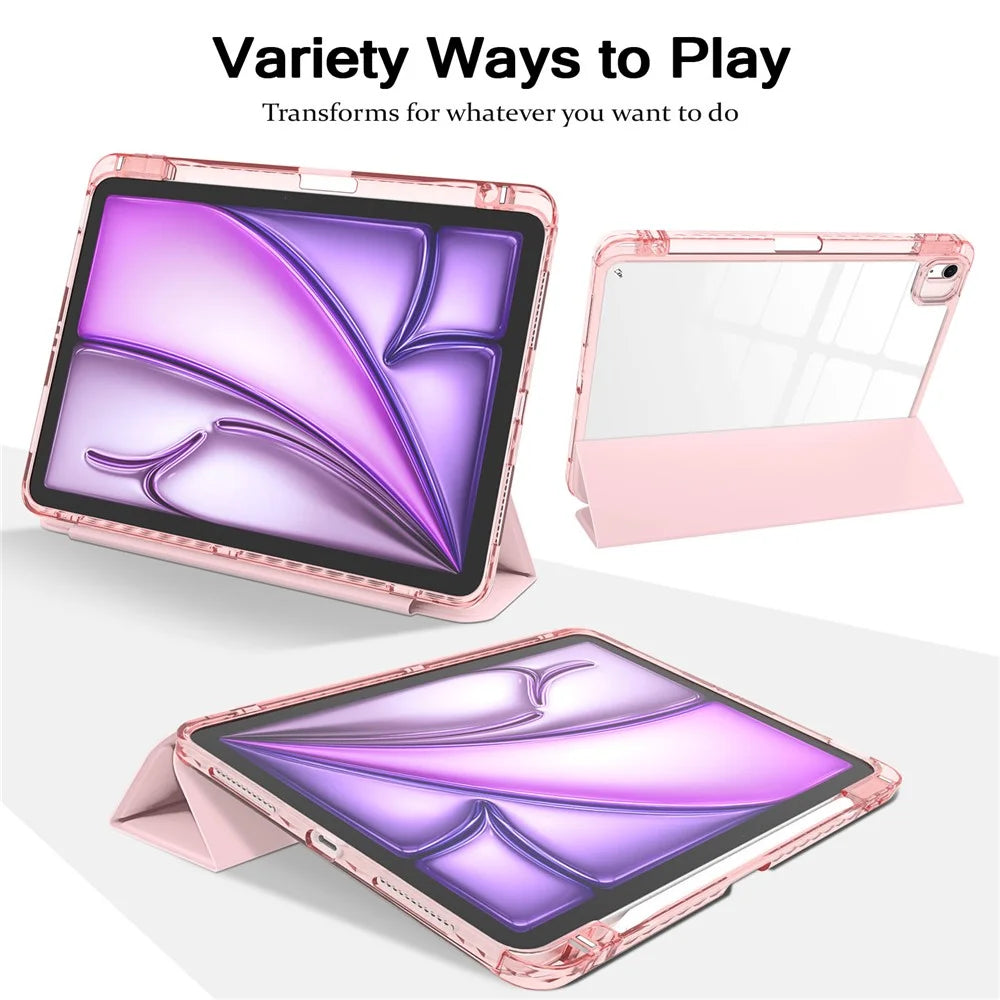 Tri-Fold Stand Case for iPad Air 11 (2026) / (2025) / (2024) / Air (2022) / (2020) / Pro 11 (2022) / (2021) / (2020) / (2018) PU + TPU + Clear Acrylic Back Tablet Cover Magnetic Closure - Light Pink - 5