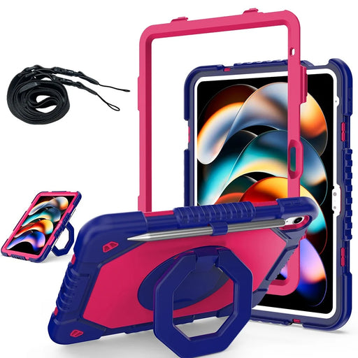 For iPad (2025)  /  10.9 (2022) Case Hand Grip Kickstand Shockproof Silicone + PC Tablet Cover with Detachable Strap  /  Pen Slot - Rose  /  Navy Blue - 1