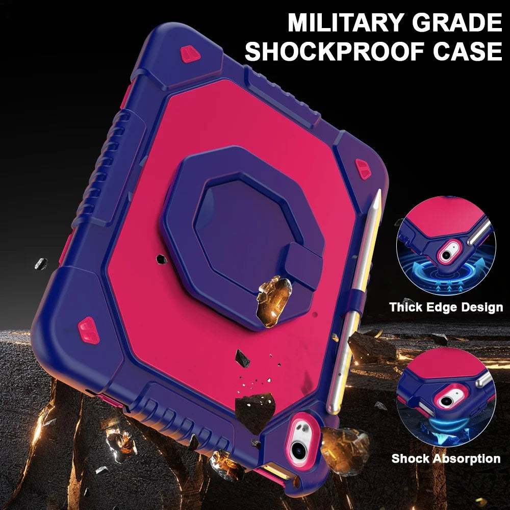 For iPad (2025)  /  10.9 (2022) Case Hand Grip Kickstand Shockproof Silicone + PC Tablet Cover with Detachable Strap  /  Pen Slot - Rose  /  Navy Blue - 3