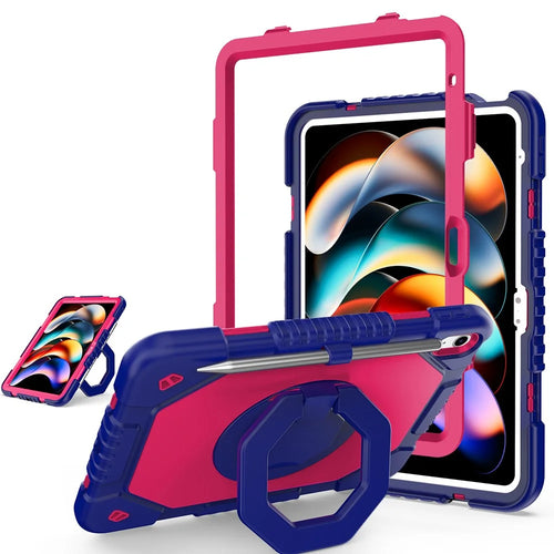For iPad (2025)  /  10.9 (2022) Case Hand Grip Kickstand Shockproof Silicone + PC Tablet Cover with Pen Slot - Rose  /  Navy Blue - 1