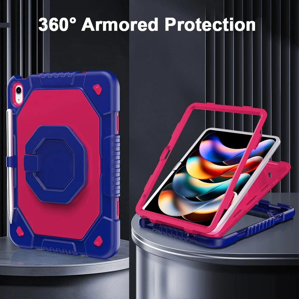 For iPad (2025)  /  10.9 (2022) Case Hand Grip Kickstand Shockproof Silicone + PC Tablet Cover with Pen Slot - Rose  /  Navy Blue - 2