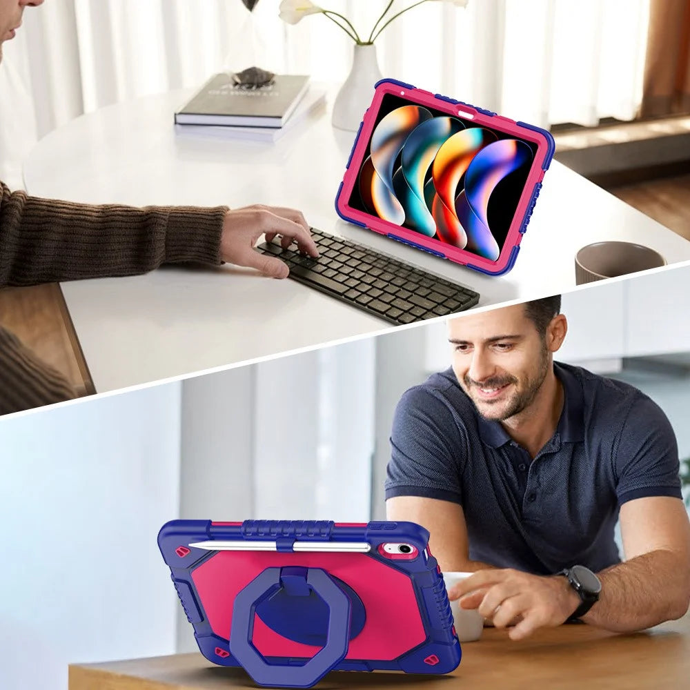 For iPad (2025)  /  10.9 (2022) Case Hand Grip Kickstand Shockproof Silicone + PC Tablet Cover with Pen Slot - Rose  /  Navy Blue - 5