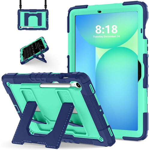 Tablet Case For Samsung Galaxy Tab S10 Lite  /  S10 FE  /  S9 FE Anti Drop PC + Silicone Cover with Kickstand Strap Pen Slot - Navy Blue  /  Mint Green - 1