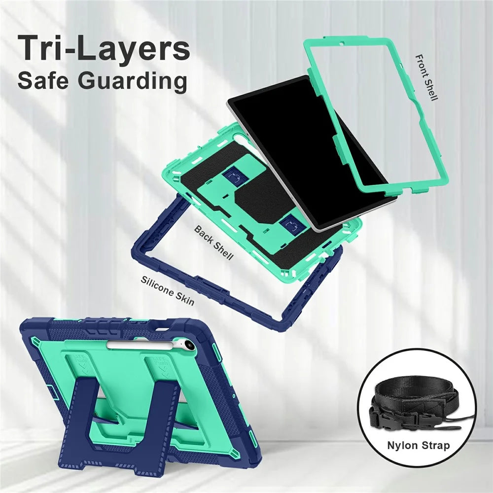 Tablet Case For Samsung Galaxy Tab S10 Lite  /  S10 FE  /  S9 FE Anti Drop PC + Silicone Cover with Kickstand Strap Pen Slot - Navy Blue  /  Mint Green - 3
