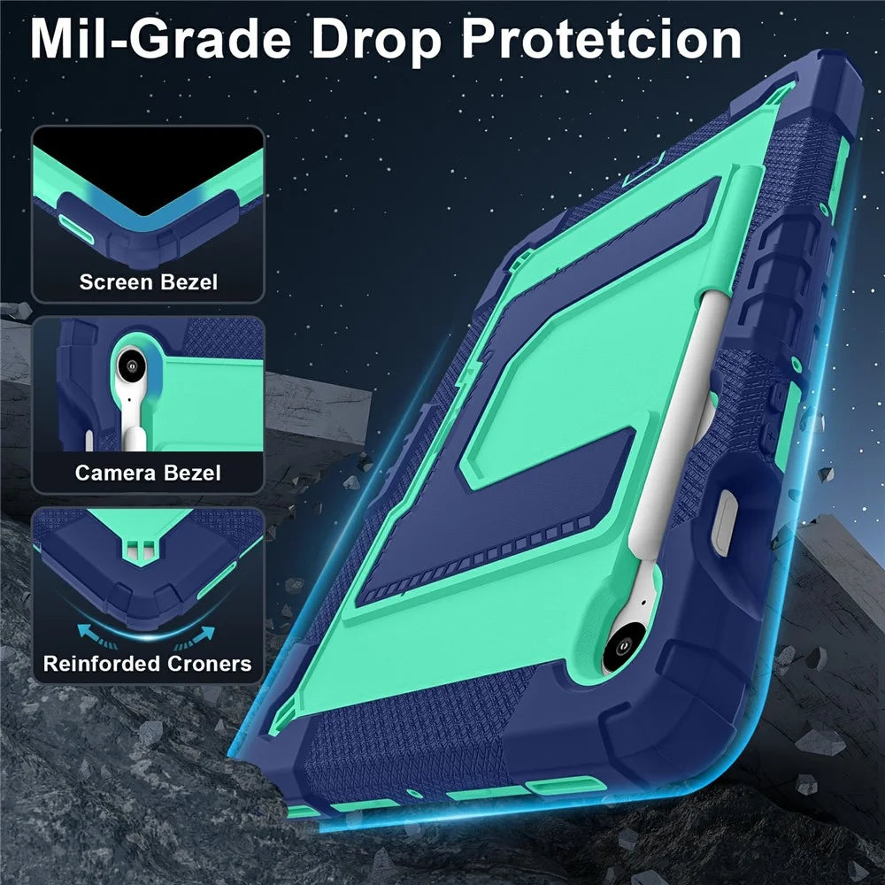 Tablet Case For Samsung Galaxy Tab S10 Lite  /  S10 FE  /  S9 FE Anti Drop PC + Silicone Cover with Kickstand Strap Pen Slot - Navy Blue  /  Mint Green - 4
