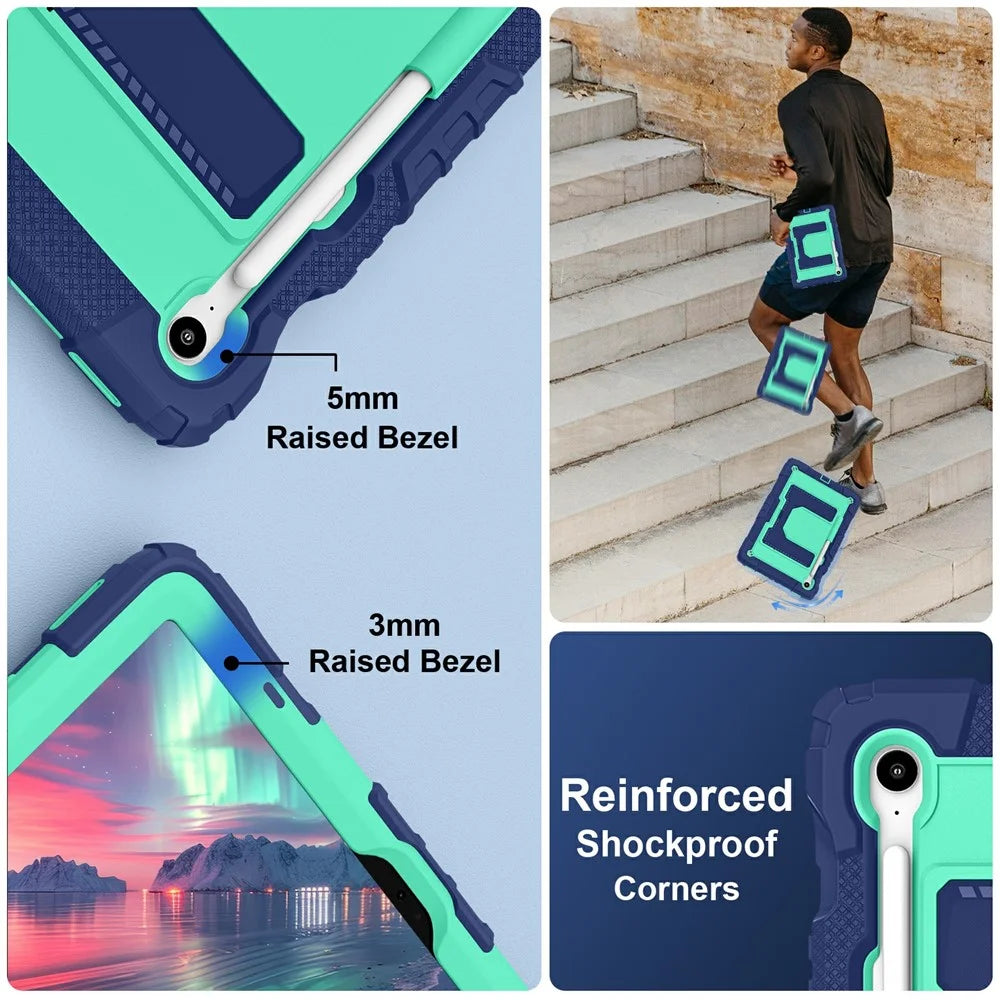 Tablet Case For Samsung Galaxy Tab S10 Lite  /  S10 FE  /  S9 FE Anti Drop PC + Silicone Cover with Kickstand Strap Pen Slot - Navy Blue  /  Mint Green - 6