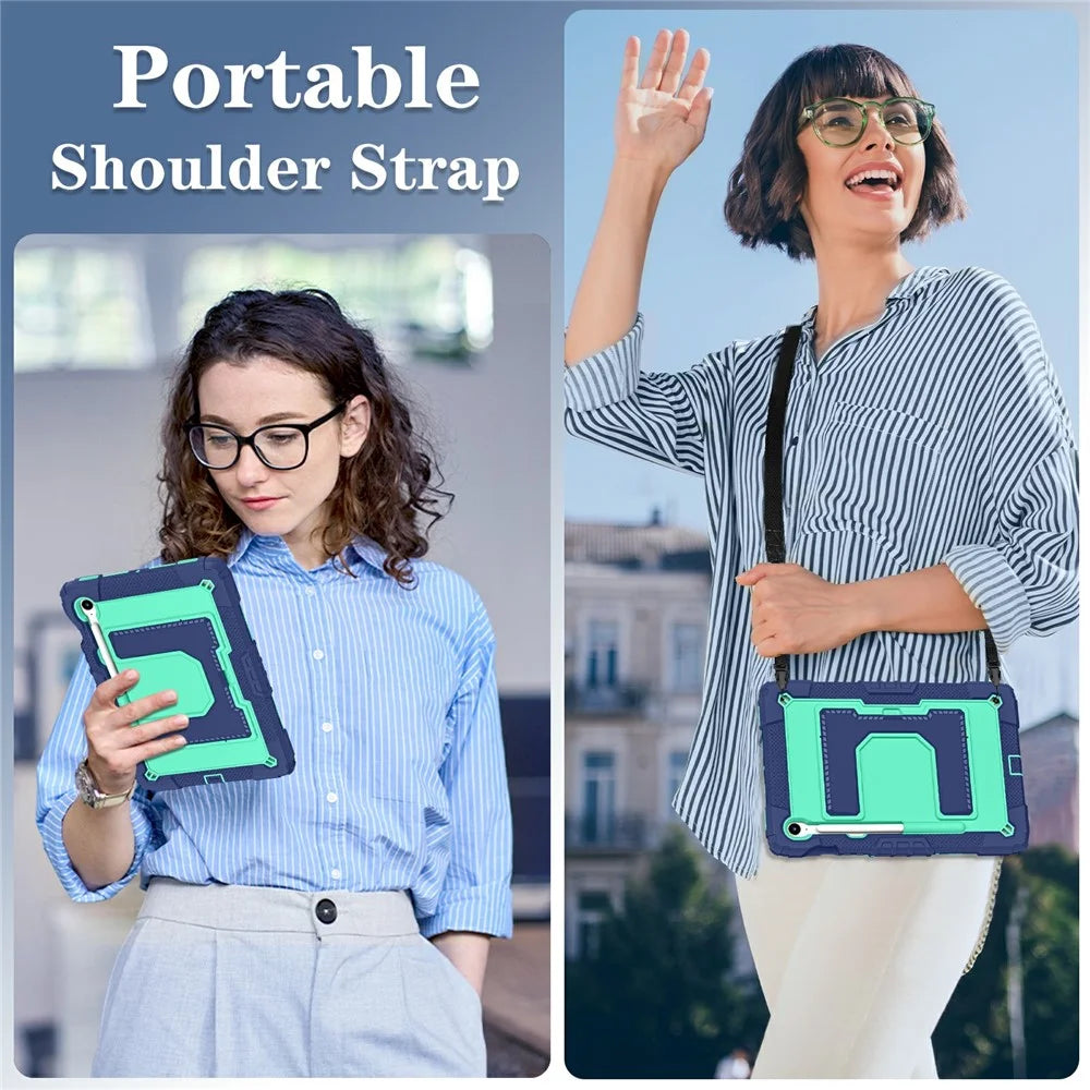 Tablet Case For Samsung Galaxy Tab S10 Lite  /  S10 FE  /  S9 FE Anti Drop PC + Silicone Cover with Kickstand Strap Pen Slot - Navy Blue  /  Mint Green - 7