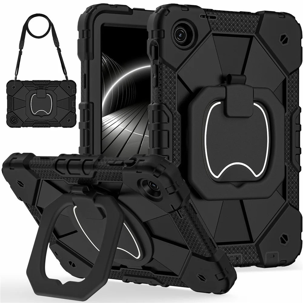 For T-Mobile REVVL Tab 2 (2025) Case Silicone + PC Hand Grip Kickstand Tablet Cover with Shoulder Strap - Black  /  Black - 2