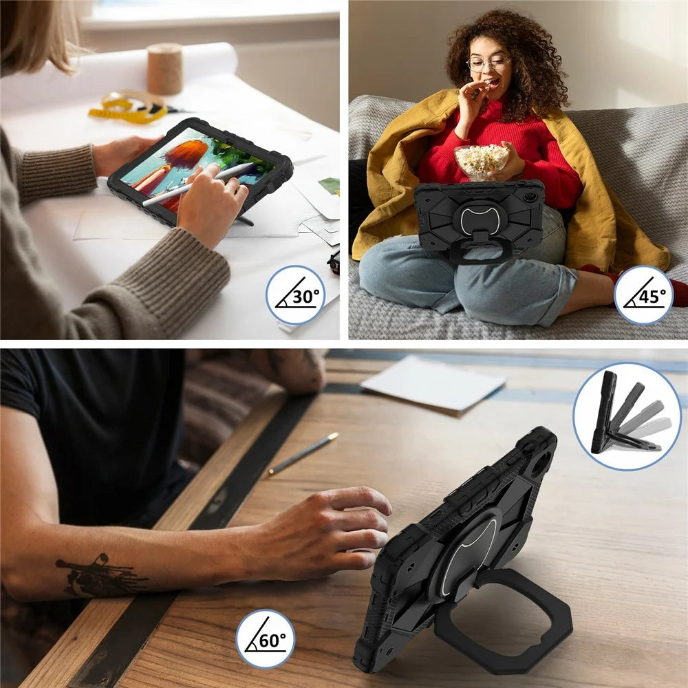 For T-Mobile REVVL Tab 2 (2025) Case Silicone + PC Hand Grip Kickstand Tablet Cover with Shoulder Strap - Black  /  Black - 6
