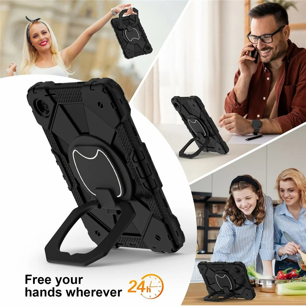For T-Mobile REVVL Tab 2 (2025) Case Silicone + PC Hand Grip Kickstand Tablet Cover with Shoulder Strap - Black  /  Black - 7