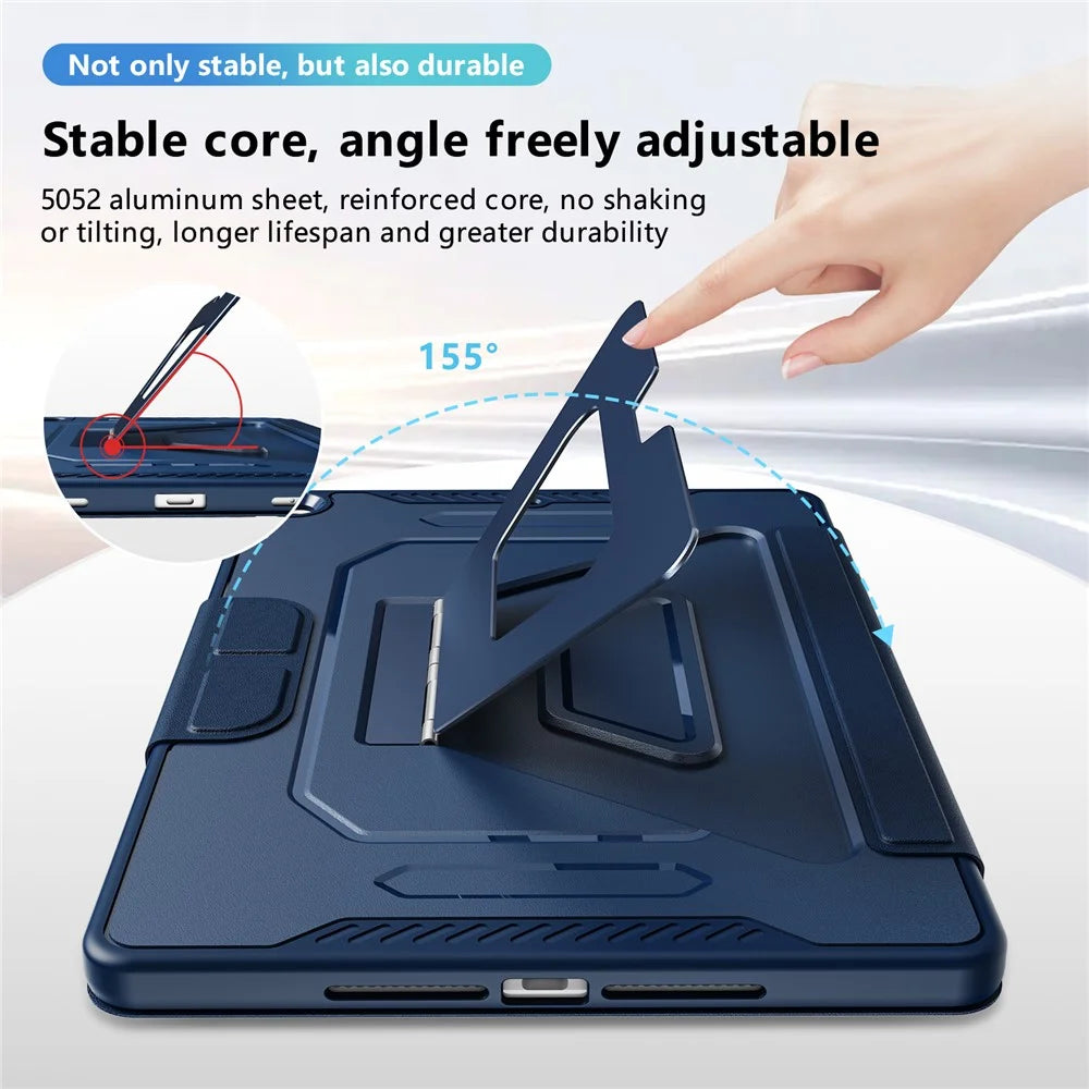 Tablet Case For iPad 10.2 (2021)  /  (2020)  /  (2019) Aluminum Alloy Kickstand Tri Fold Stand Detachable Leather TPU PC Cover - Navy Blue - 4
