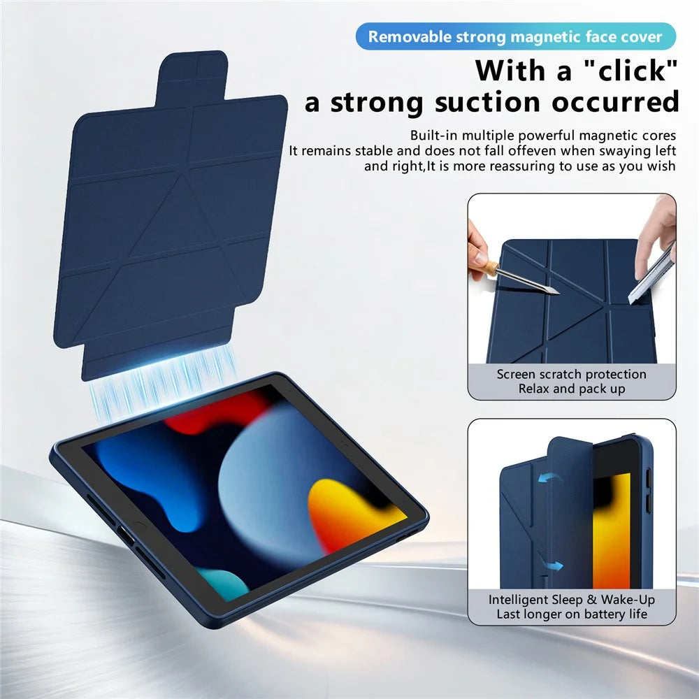 Tablet Case For iPad 10.2 (2021)  /  (2020)  /  (2019) Aluminum Alloy Kickstand Tri Fold Stand Detachable Leather TPU PC Cover - Navy Blue - 5