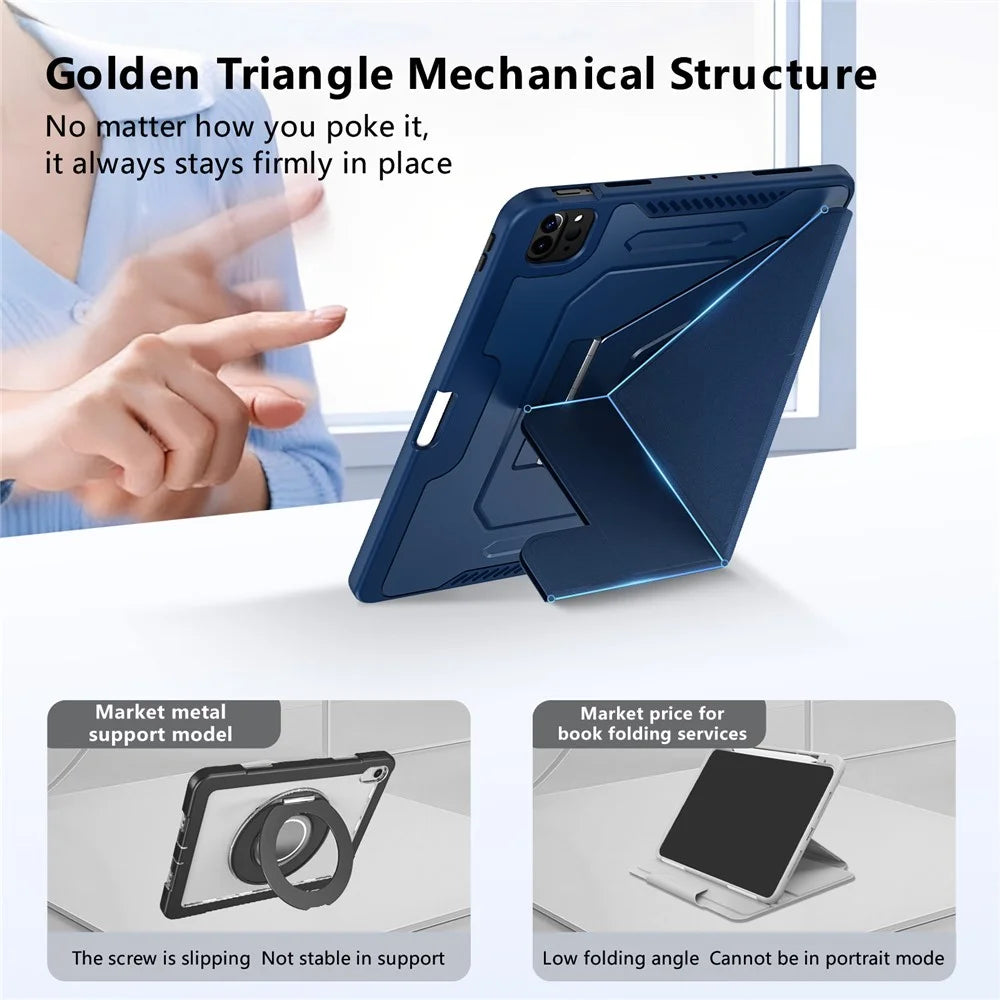 Tablet Case For iPad Air 11 (2026) / (2025) / (2024) / Air (2022) / (2020) / Pro 11 (2022) / (2021) / (2020) / (2018)  Aluminum Alloy Kickstand Tri Fold Stand Detachable Leather TPU PC Cover - Navy Blue - 7