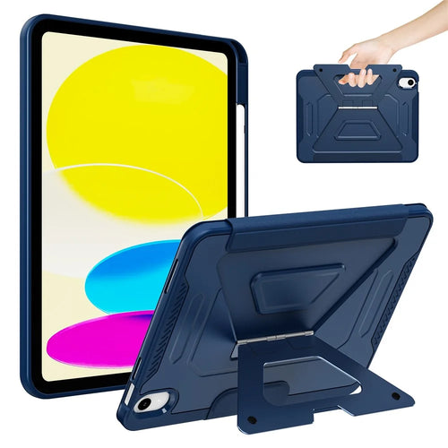 For iPad (2025)  /  10.9 (2022) Case Aluminum Alloy Kickstand Tri Fold Stand Detachable Leather TPU PC Tablet Cover - Navy Blue - 1