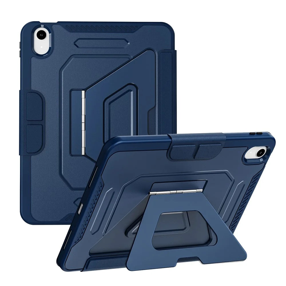 For iPad (2025)  /  10.9 (2022) Case Aluminum Alloy Kickstand Tri Fold Stand Detachable Leather TPU PC Tablet Cover - Navy Blue - 2