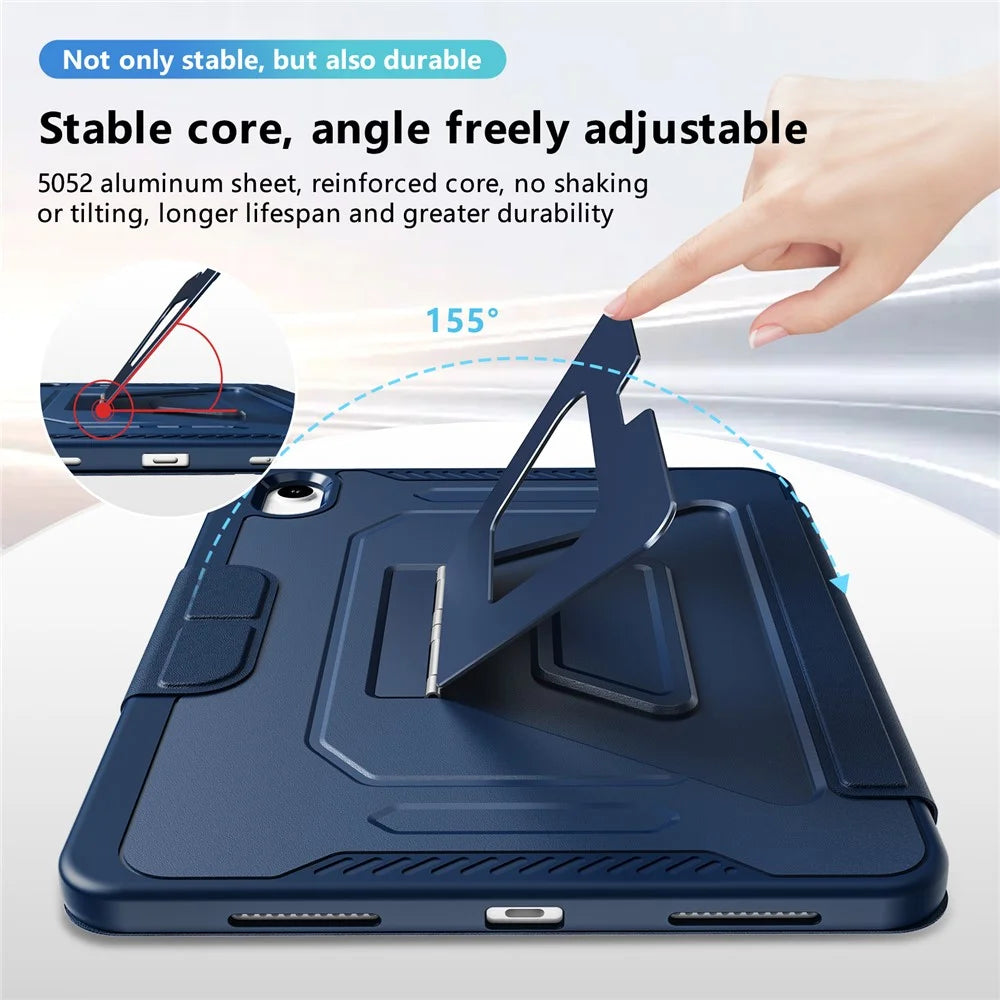 For iPad (2025)  /  10.9 (2022) Case Aluminum Alloy Kickstand Tri Fold Stand Detachable Leather TPU PC Tablet Cover - Navy Blue - 4